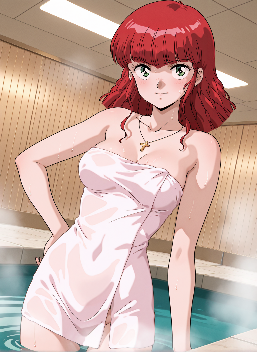 High quality,Ultra detailed,best quality,insanely detailed,beautiful,masterpiece,absurdres,very aesthetic,sensitive BREAK
(takaya noriko, top wo nerae, red hair, short hair, brown eyes, 1980s \(style\), retro artstyle),<lora:jung_freud_V1_NOOB:1>,(jung freud, top wo nerae, red hair, long hair, green eyes,cross necklace, medium breasts, 1980s \(style\), retro artstyle),1girl,solo,posing,indoors,science fiction,onsen,bath,steam,naked towel,nude,collarbone,standing,sweat,cleavage,