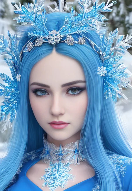 (ultra photorealistic:1.3), (masterpiece:1.4), (cowboy shot:1.2), best quality, ((realistic)), high quality, ultra detailed, ((Real picture)), ((realistic skin)), ((realistic face)), (best quality:1.1), (illustration:1.05), (1girl:1.05), (beautiful:1.05), (beautiful detailed eyes:1.05), (cinematic light:1.1), platinum hair, light blue highlights, long straight hair, detailed ice, winter, steam, icy, snow flake, emotionless, flimsy blue dress, tiara,(big snowflakes tempest:1.4)