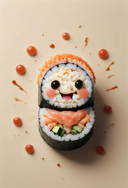 A cute, happy sushi roll, surreal