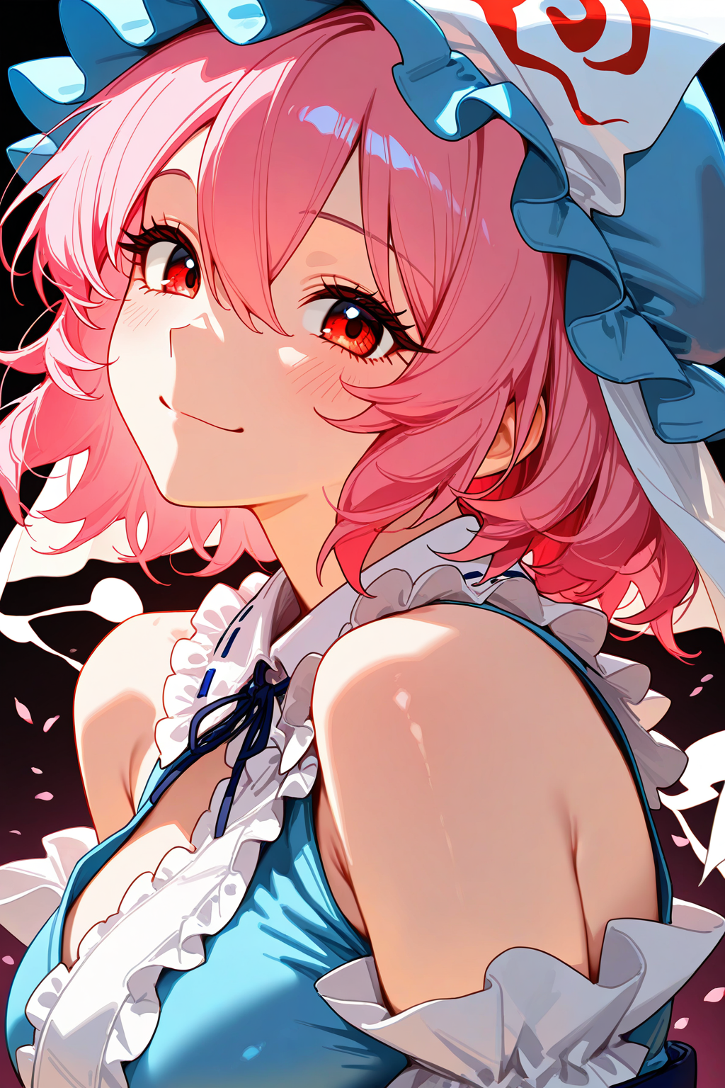 retro illust style,
saigyouji yuyuko,1girl, bare shoulders, blue hat, blue shirt, closed mouth, flower, frills, hair between eyes, hat, looking at viewer, mob cap, pink hair, red eyes, shirt, short hair, smile, solo, triangular headpiece, upper body,,


,masterpiece,best quality,very aesthetic,absurdres,raytracing,(best quality),(masterpiece),( highly detailed:1.35),refined rendering,<lora:NOA一般复古\retroilluststyle.safetensors:0.85>, 