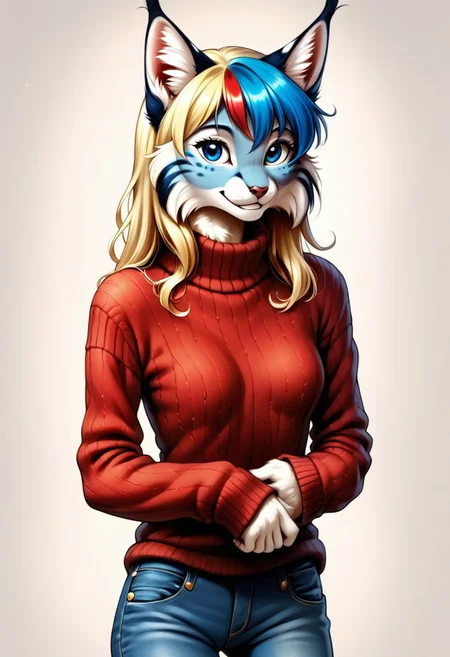 digital_media_(artwork) hi_res, score_9, score_8_up, score_7_up, score_6_up, score_5_up, score_4_up, rating_safe, anthro, furry, female, furry female, detailed textured fur, fur tufts, lynx, slim, slender, small breasts, cute, sweater, denim jeans, multicolor hair, streaked hair, red hair, blue hair, blonde hair, blonde fur, detailed blue eyes, smile, solo, SFW, KatagiriHP,