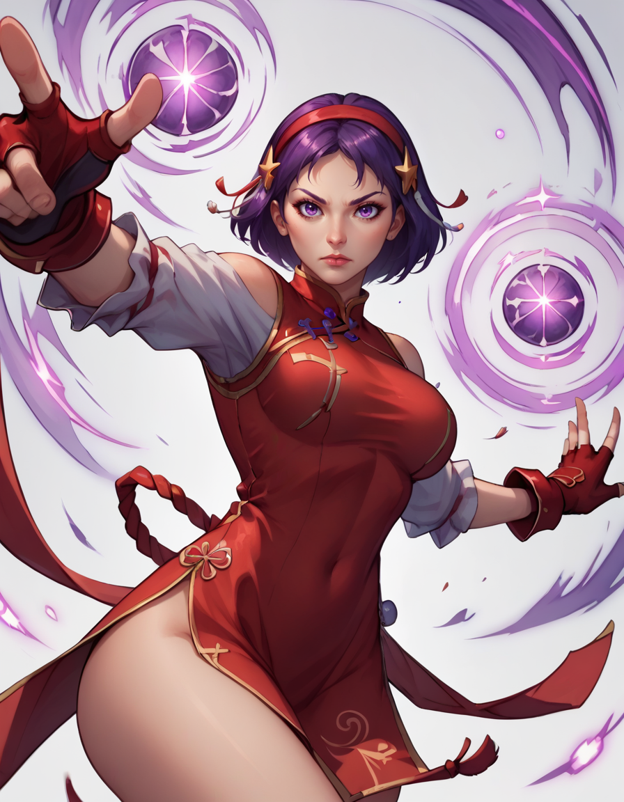 score_9, score_8_up, score_7_up,score_6_up, score_5_up, score_4_up ,1girl, solo,
large breasts,
athenaasamidg,
short hair, hair ornament, purple eyes, purple hair, 
chinese clothes, china dress, fingerless gloves, star hair, red hairband, 
fighting stance,
from below,
magic, 
looking at viewer, 
 <lora:AthenaAsamiDG PonyXL v01-000003:0.90>