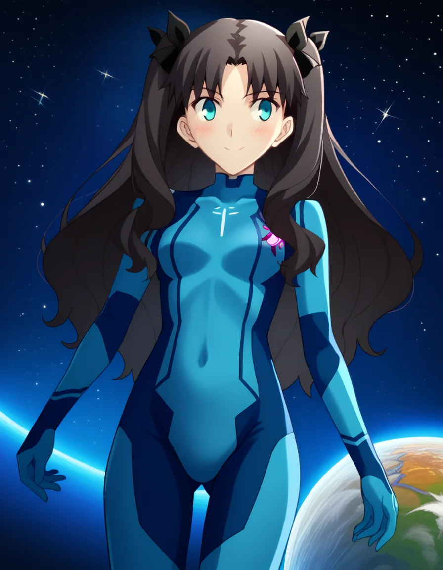 score_9, score_8_up, score_7_up, source_anime, rintohsaka, <lora:rin-tohsaka-ubw-ponyxl-lora-nochekaiser:1>, rin tohsaka, aqua eyes, black hair, hair ribbon, long hair, ribbon, sidelocks, two side up, parted bangs,, <lora:samus-aran-cosplay-ponyxl-lora-nochekaiser:1>, samusarancosplay, samus aran \(cosplay\), blue bodysuit, bodysuit, covered navel, skin tight, zero suit,, space, planet, earth \(planet\), star \(sky\), galaxy, nebula, moon, blush, smile,, cowboy shot, dutch angle, solo,