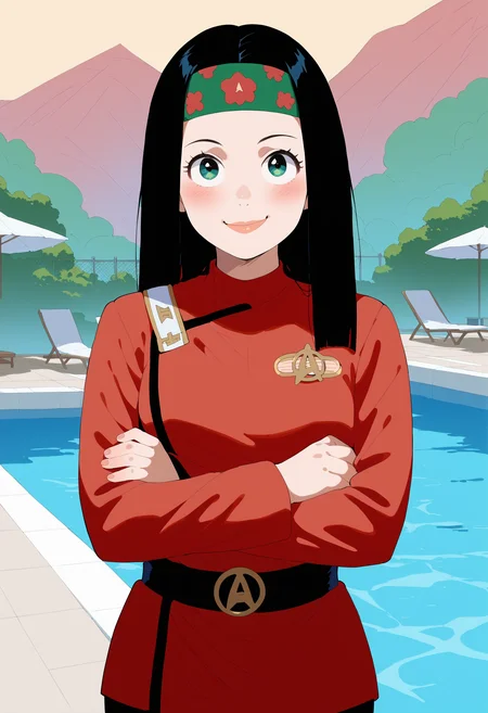 score_9, score_8_up, score_7_up, <lora:HayleySmithPony2.0:1> hayley, black hair, 1girl, solo, long hair, breasts,smile, crossed arms, green and red headband, looking at viewer, cowboy shot,
near a swimming pool,scenery,
twokunf,star trek red uniform,long sleeves,black belt<lora:TWOKpony>