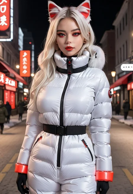 ((((padded down coat)))), ((((padded puffer coat)))), ((((padded winter clothes)))), ((((very cold)))), ((((puffer hood up)))), ((((full body)))), beautiful, masterpiece, 1girl, mature female, (((white long hair))), (((red eyes))), cat ears, large breasts, gloves, chest harness, (((half face mask))), army, Red digital camouflage, steam, cyberpunk, city, neon lights, pressure squeezing cuffs, pressure squeezing collar, (Thick padded cuffs:1.4), (Thick padded collar:1.4), <lora:Collar-SDXL:0.75>, <lora:Cuffs-SDXL:0.75>, <lora:fashion_lora:0.6>