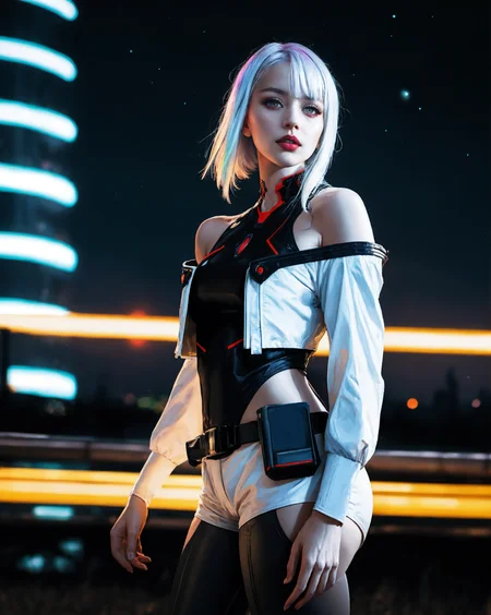 masterpiece, (photorealistic:1.4), best quality, beautiful lighting, (ulzzang-6500:0.5), lucy \(cyberpunk\), 1girl, white hair, against railing, arm rest, bangs, bare shoulders, belt, black belt, black leotard, black pants, blurry, bob cut, breasts, building, cityscape, clothing cutout, (cropped jacket), cyberpunk, depth of field, from side, gradient eyes, grey eyes, grey hair, white jacket, leotard, lips, long sleeves, looking afar, looking ahead, (mechanical parts), medium breasts, multicolored eyes, multicolored hair, night, night sky, off shoulder, open clothes, open jacket, outdoors, pants, parted lips, railing, red eyeliner, science fiction, short hair with long locks, short shorts, shorts, sidelocks, sky, solo, standing, teeth, thigh cutout, upper teeth only, white jacket, white shorts, cyberpunk \(series\), cyberpunk edgerunners, RAW photo, 8k uhd, film grain, cosplay, white wig, night, neon lights,,,, <lora:lucy_offset:1.21>