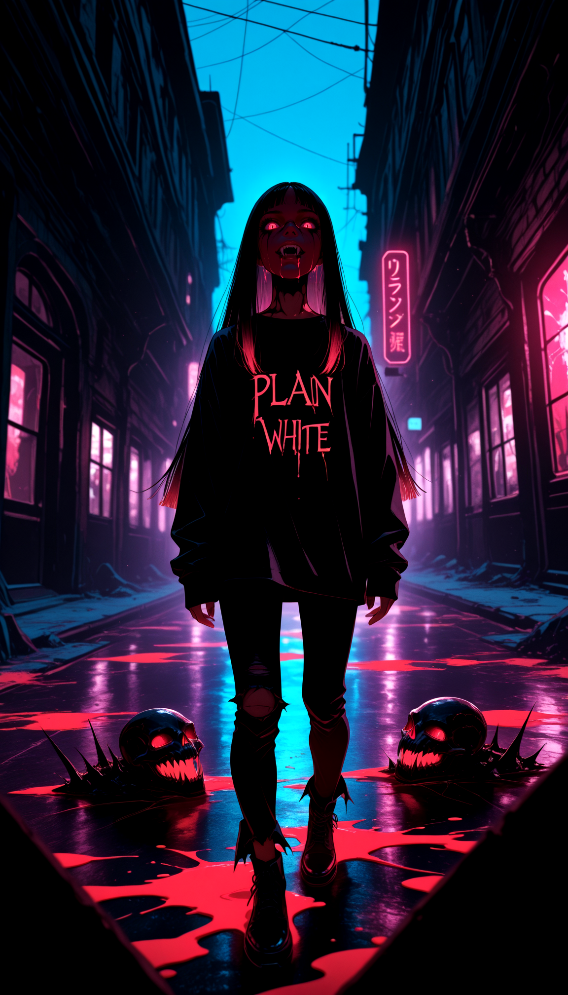 NLSTN, glowing, dark, masterpiece, best quality, 1girl, punk vampire, elongated sharp fangs, fresh blood splatter on lips and chin, smoldering gaze, dark smoky eye makeup, detailed facial features, (long straight hair),(black hair with neon highlights), wearing a (plain_white, long sleeve t-shirt:1.4), shirt un tucked, torn hem, sleeves past wrists, full_body_shot, angle shot, interesting composition, dynamic _pose, dynamic angle, downtown alleyway at night, dim neon lighting, gritty urban decay, film grain, high contrast, rich blacks, dramatic shadows, (shallow depth of field), subject focus, background out of focus, hyper-detailed texture, cinematic composition, 35mm photography, cinematic composition,  <lora:reij-hrtglwIL:0.4> hrtglwIL, glowing body, <lora:NLSTN:0.6>