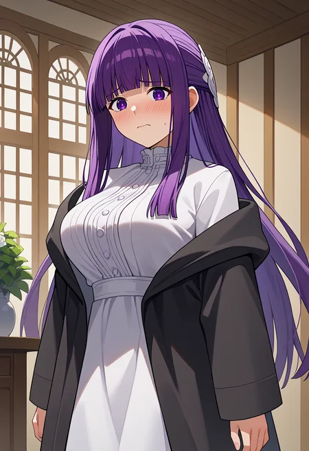 score_9, score_8_up, score_7_up, source_anime, 1girl, fern \(sousou no frieren\), large breasts, purple hair, long hair, purple eyes, half updo, blunt bangs, open robe, long dress, looking at viewer, embarrassed, indoors <lora:brj-fern-pony-v0.5:1>