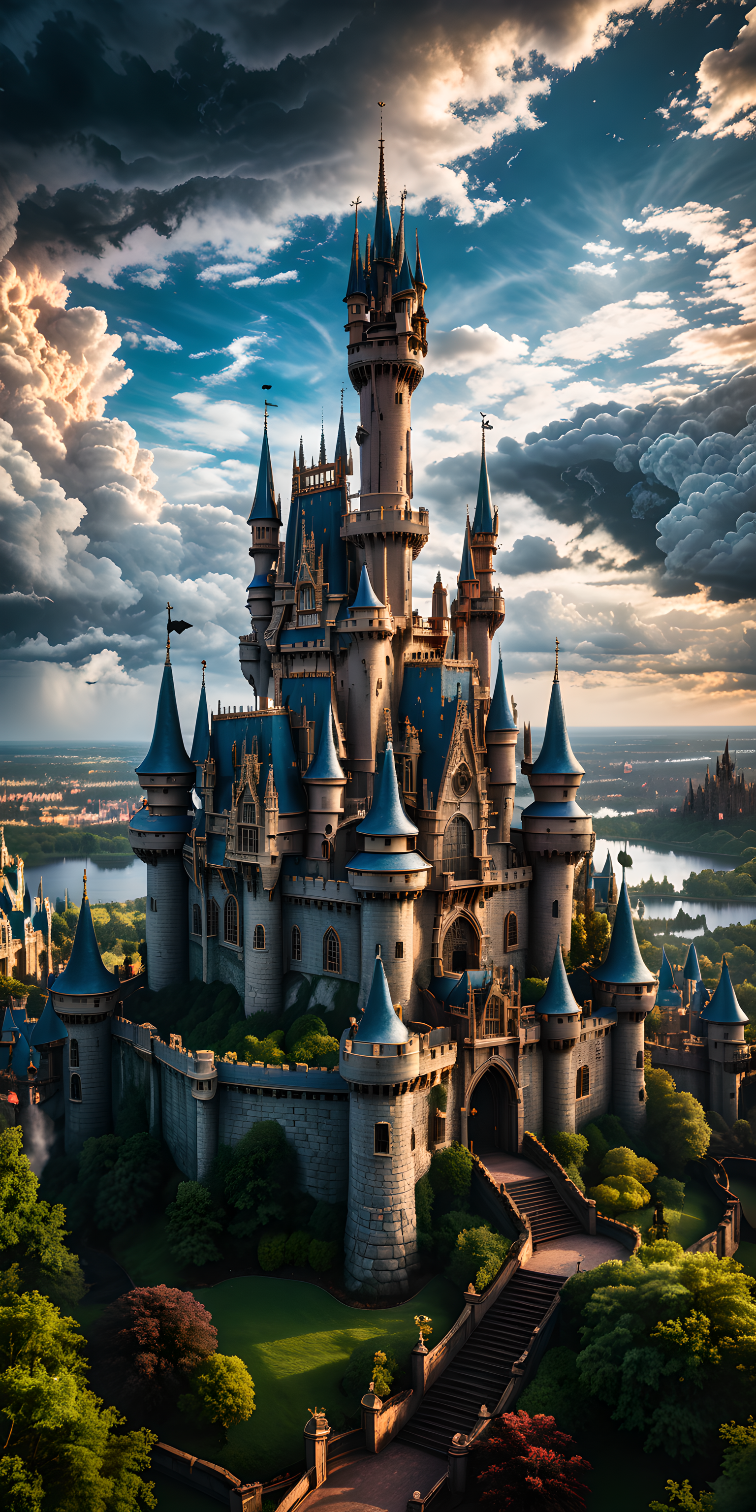 A mysterious castle in the style of Gothic art with an aerial viewpoint, RAW Photo, Disney incorporated, highly rendered realistic, threatning clouds, intricate background, fantasy horror art, photorealistic dark concept art, in style of dark fantasy art, detailed 8k horror artwork,  
