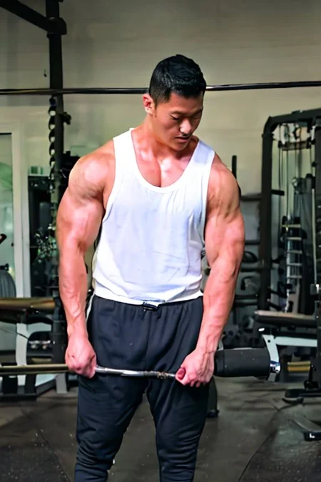 asian sexytrainer, tank top/sleeveless shirt, shorts/sweatpants/leggings, sneakers, gym, holding dumbbell/weightlifting, exercise, realistic, masterpiece, intricate details, detailed background, depth of field, photo of a handsome