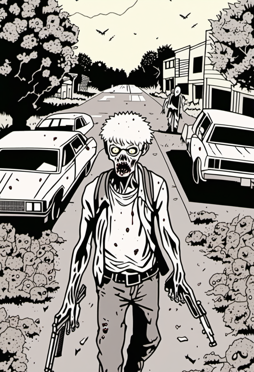 A white BillMeeks comes back to Everly Heights after ten years away during the zombie apocalypse <lora:Everly_Heights_Comics:1>