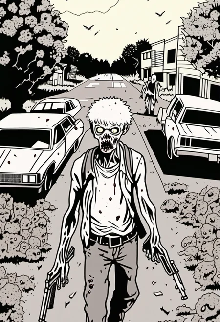 A white BillMeeks comes back to Everly Heights after ten years away during the zombie apocalypse <lora:Everly_Heights_Comics:1>