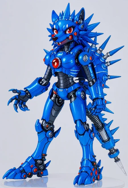score_9, score_8_up, score_7_up, source_furry, source_anime, hari harry, friender, wolf, hedgewolf, megaman, megaman3, needle wolf, spikey shell, red eyes and gem (on body), claws, robotic, friender, hedgewolf, spike, spike head, spikey shell, robot, solo, (female:2), cowboy shot, looking at viewer, simple background, anthro, kind, calm, cute pose, full body