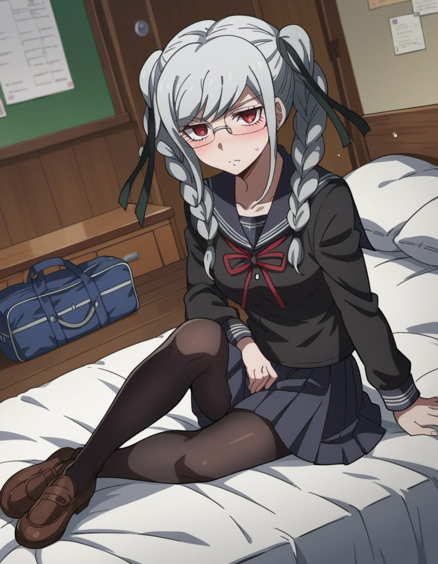 score_9, score_8_up, score_7_up, source_anime,
pekopekoyama, <lora:peko-pekoyama-s2-ponyxl-lora-nochekaiser:1>,
peko pekoyama, braid, long hair, red eyes, twin braids, glasses, white hair,
black pantyhose, black shirt, brown footwear, collarbone, pantyhose, pleated skirt, school uniform, serafuku, shirt, shoes, skirt,
indoors, bed, bed room, on side, blush, drunk,
looking at viewer, cowboy shot, dutch angle, solo,