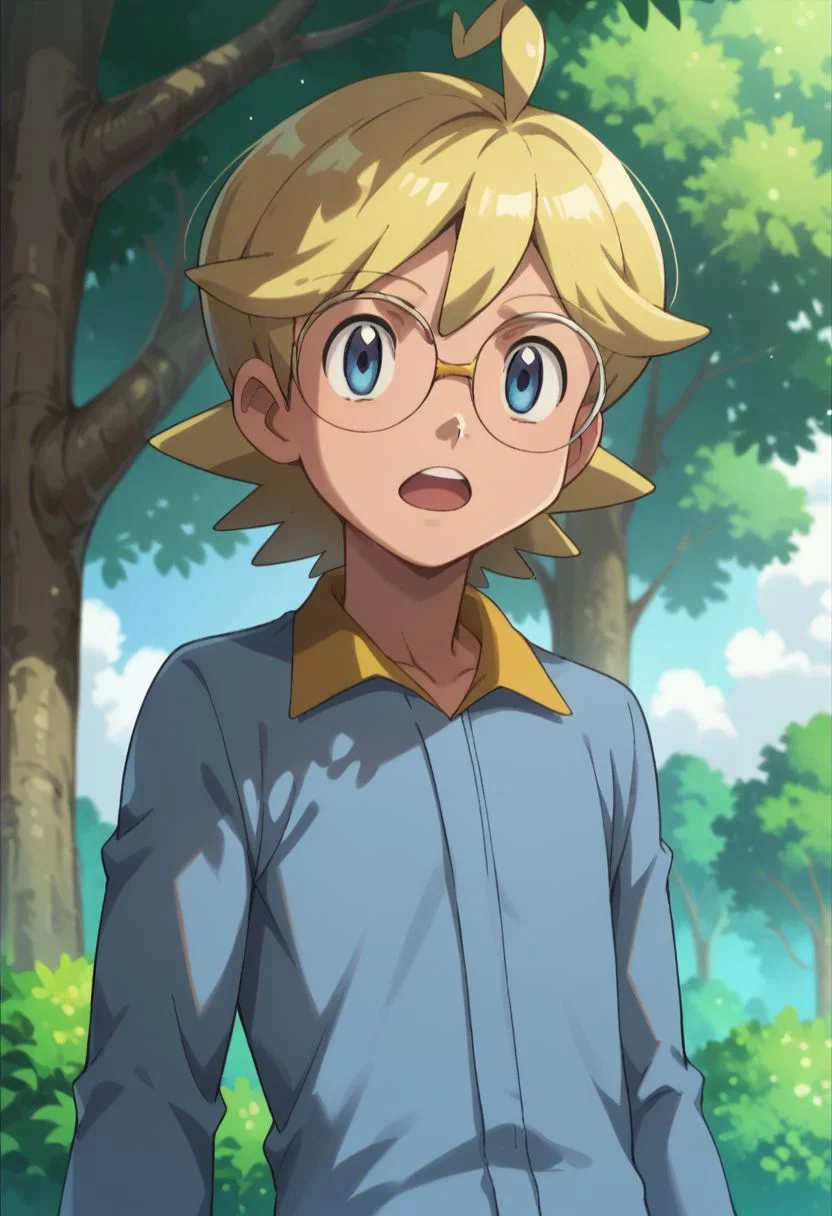 score_9, score_8_up, score_7_up, source_anime, highly detailed, 1boy, solo, male_focus, slender, skinny, cute,
clem_2, jumpsuit, 1boy, blonde hair, male focus, glasses, solo, open mouth, tree,
blue eyes, ahoge,
