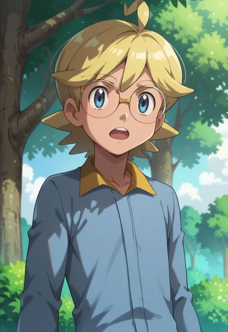 score_9, score_8_up, score_7_up, source_anime, highly detailed, 1boy, solo, male_focus, slender, skinny, cute,
clem_2, jumpsuit, 1boy, blonde hair, male focus, glasses, solo, open mouth, tree,
blue eyes, ahoge,
