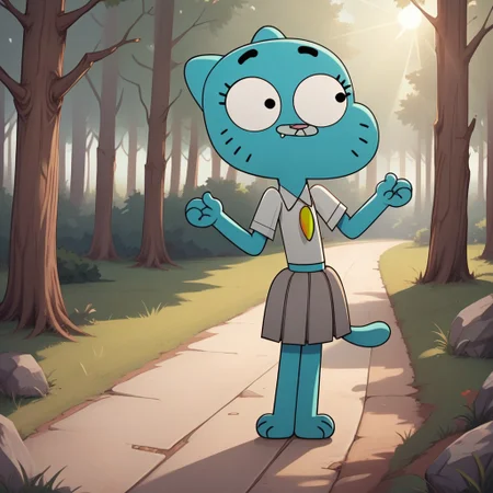 score_9, score_8, BREAK, Nicole, a cat, cat tail, light blue fur, upper lip is a lighter shade of blue, black eyes, pink nose, visible eyelashes, barefoot, has a slim body with wide hips, flat chest, round eyes, white collared shirt tucked in,short light gray skirt, pleated skirt, sexy pose, self portrait, smile, outdoors, sunlight, shadows, evening lighting, natural lighting, forest, trees, grass, orange sky, sunset