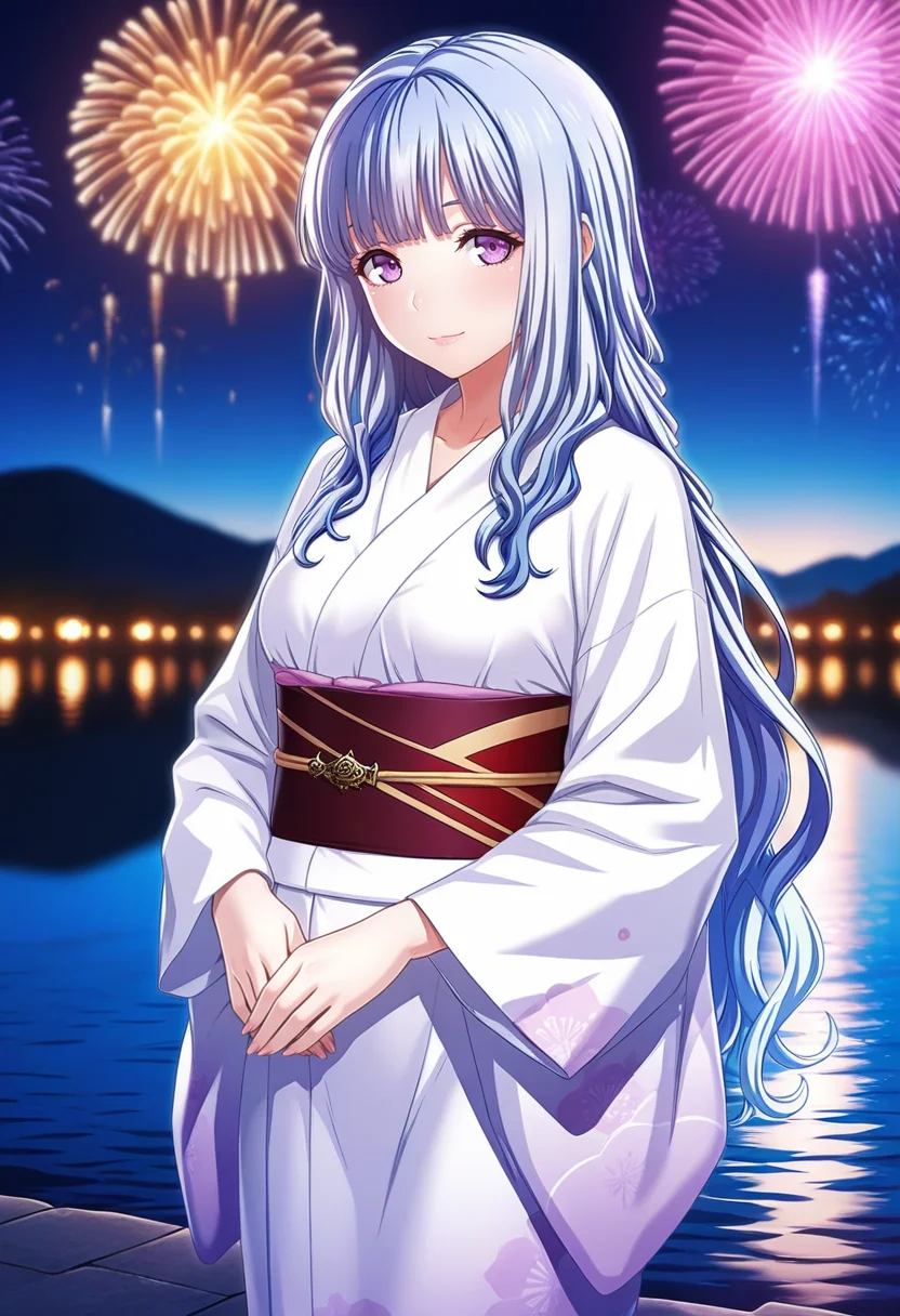 masterpiece, best quality, amazing quality,persephone, purple eyes, blue hair, long hair, 1girl, solo,breasts,japanese clothes, yukata,white kimono,light smile, standing, looking at viewer, cowboy shot, outdoors, lake, aerial fireworks, night, blurry background<lora:persephoneV1:0.8>