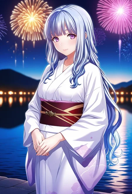 masterpiece, best quality, amazing quality,persephone, purple eyes, blue hair, long hair, 1girl, solo,breasts,japanese clothes, yukata,white kimono,light smile, standing, looking at viewer, cowboy shot, outdoors, lake, aerial fireworks, night, blurry background<lora:persephoneV1:0.8>