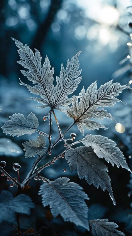 masterpiece, best quality, 8k, professional , by famous artist , trending on artstation, intricated details, detailed,   realsitic, boekh , photorealistic,  dark shadows, natural light, dramatic,  source realistic, Frost-Covered Leaves: Photograph the delicate lace-like patterns created by frost on the surface of leaves, highlighting the intricate beauty of nature's icy artwork.  <lora:add-detail-xl:1>,  <lora:Concept Art Twilight Style SDXL_LoRA_Pony Diffusion V6 XL:1>,  <lora:MJ52:1>