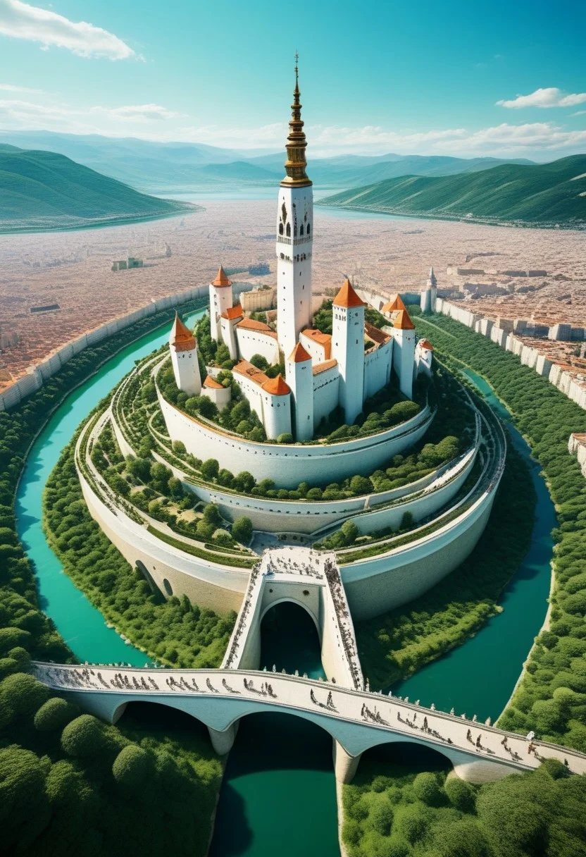 score_9,score_8_up,score_7_up,fantastical and realistic image, a detailed fantasy white city that stands on a verdant, oblong, drop-shaped low island in the middle of a wide river. Six White bridges connect the city to the mainland. In the northern part of the city, a very tall decagonal completely_white_tower, towering over the rest of the city that is made of normal houses with red roofs. the white tower is surrounded by other few of smaller towers in a citadel over a hill. in the distance, we can see an enormous reddish-sloped mountain. mystical touch, dreamlike and otherworldly atmosphere, sense of adventure and wonder, view from above, (score_9, score_8_up:1.1), score_7_up, a fine color ink lineart sketch, (reflective volumetric), raytracing, absurdres, dark, low-key