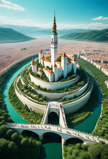 score_9,score_8_up,score_7_up,fantastical and realistic image, a detailed fantasy white city that stands on a verdant, oblong, drop-shaped low island in the middle of a wide river. Six White bridges connect the city to the mainland. In the northern part of the city, a very tall decagonal completely_white_tower, towering over the rest of the city that is made of normal houses with red roofs. the white tower is surrounded by other few of smaller towers in a citadel over a hill. in the distance, we can see an enormous reddish-sloped mountain. mystical touch, dreamlike and otherworldly atmosphere, sense of adventure and wonder, view from above, (score_9, score_8_up:1.1), score_7_up, a fine color ink lineart sketch, (reflective volumetric), raytracing, absurdres, dark, low-key