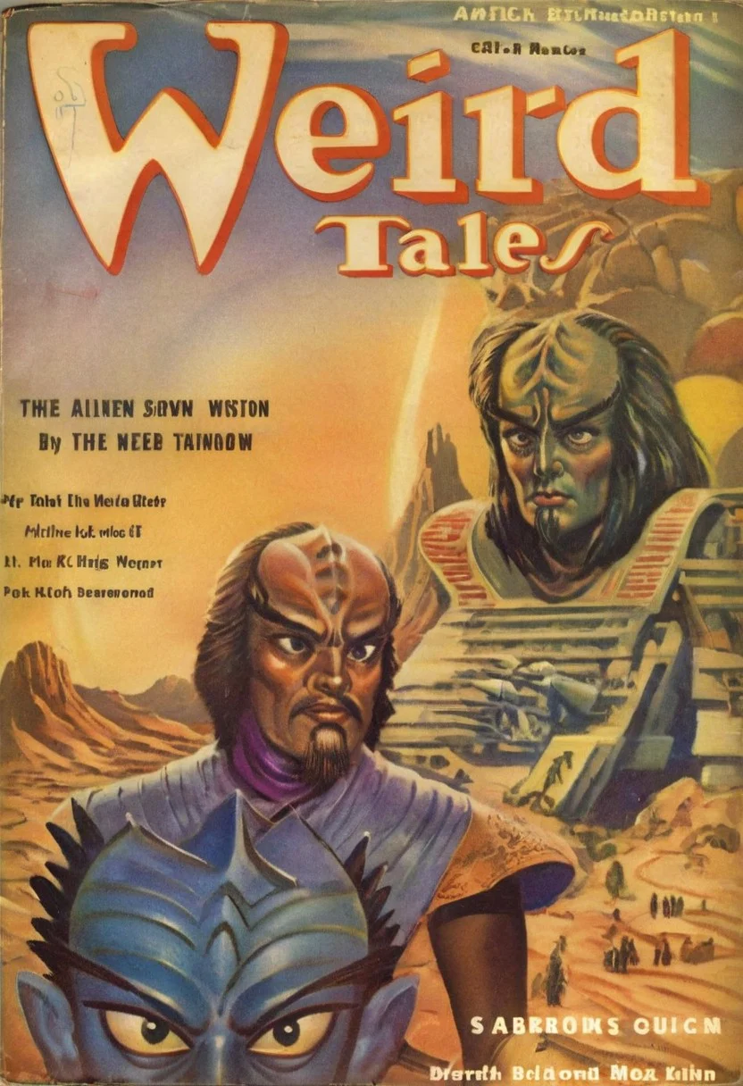 Weird Tales pulp magazine cover,
male kling0n alien, forehead ridges, brown skin, nose ridges, large eyebrows, standing on a desert planet with a retro futuristic city far in the background
