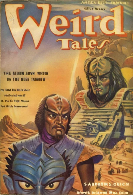 Weird Tales pulp magazine cover,
male kling0n alien, forehead ridges, brown skin, nose ridges, large eyebrows, standing on a desert planet with a retro futuristic city far in the background