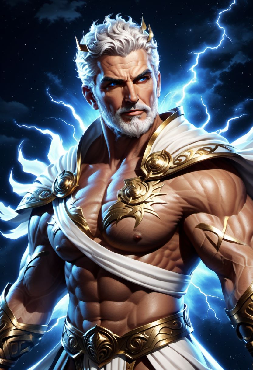 4k, digital art, semi realistic, fantasy, best quality, masterpiece, very detailed, dynamic angle, dynamic pose, seen from the side, pov from the side, portrait of a male bodybuilder, huge bodybuilder, mature, massive arms, huge pectorals, short hair, white hair, white beard, long beard, handsome, big nose, big eyes, anime eyes, greek god, wearing a greek tunic, ancient greece, fighting, holding a thunder bolt, surrounded by thunder, night sky on the background (cinematic light, volumetric),