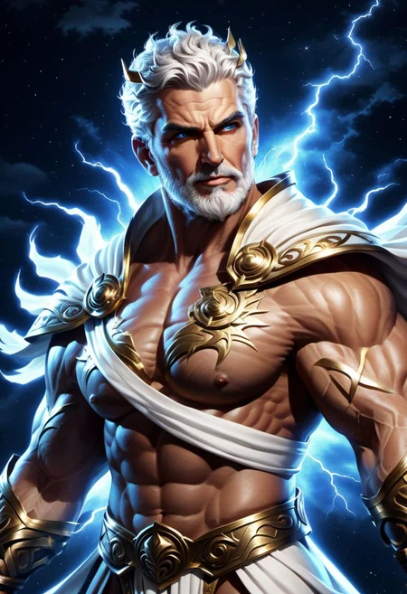 4k, digital art, semi realistic, fantasy, best quality, masterpiece, very detailed, dynamic angle, dynamic pose, seen from the side, pov from the side, portrait of a male bodybuilder, huge bodybuilder, mature, massive arms, huge pectorals, short hair, white hair, white beard, long beard, handsome, big nose, big eyes, anime eyes, greek god, wearing a greek tunic, ancient greece, fighting, holding a thunder bolt, surrounded by thunder, night sky on the background (cinematic light, volumetric),