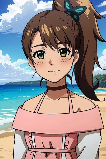 1girl, side tail hair, brown hair, green and yellow eyes, butterfly hairclip, choker, pink dress, white sleeves, yellow (shorts:1.08), daytime, sunlight, (beach background:1.2), smile, blush, looking at viewer, from front, <lora:rinneinaba:0.68>, beautiful character design, perfect eyes, perfect face, expressive eyes, perfect balance,
official art, extremely detailed CG unity 8k wallpaper, perfect lighting, Colorful, Bright_Front_face_Lighting, (masterpiece:1.0),(best_quality:1.0), ultra high res,4K,ultra-detailed, photography, 8K, HDR, highres, absurdres:1.2, Kodak portra 400, film grain, blurry background, professional photograph,
<lora:more_details:0.1>