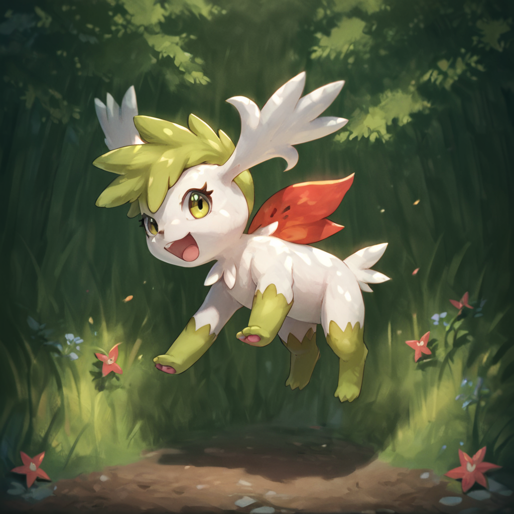 score_9, score_8_up, score_7_up, score_6_up, score_5_up, score_4_up, source_anime,  Shaymin_Poke, creature, happy, jumping joyfull, forest