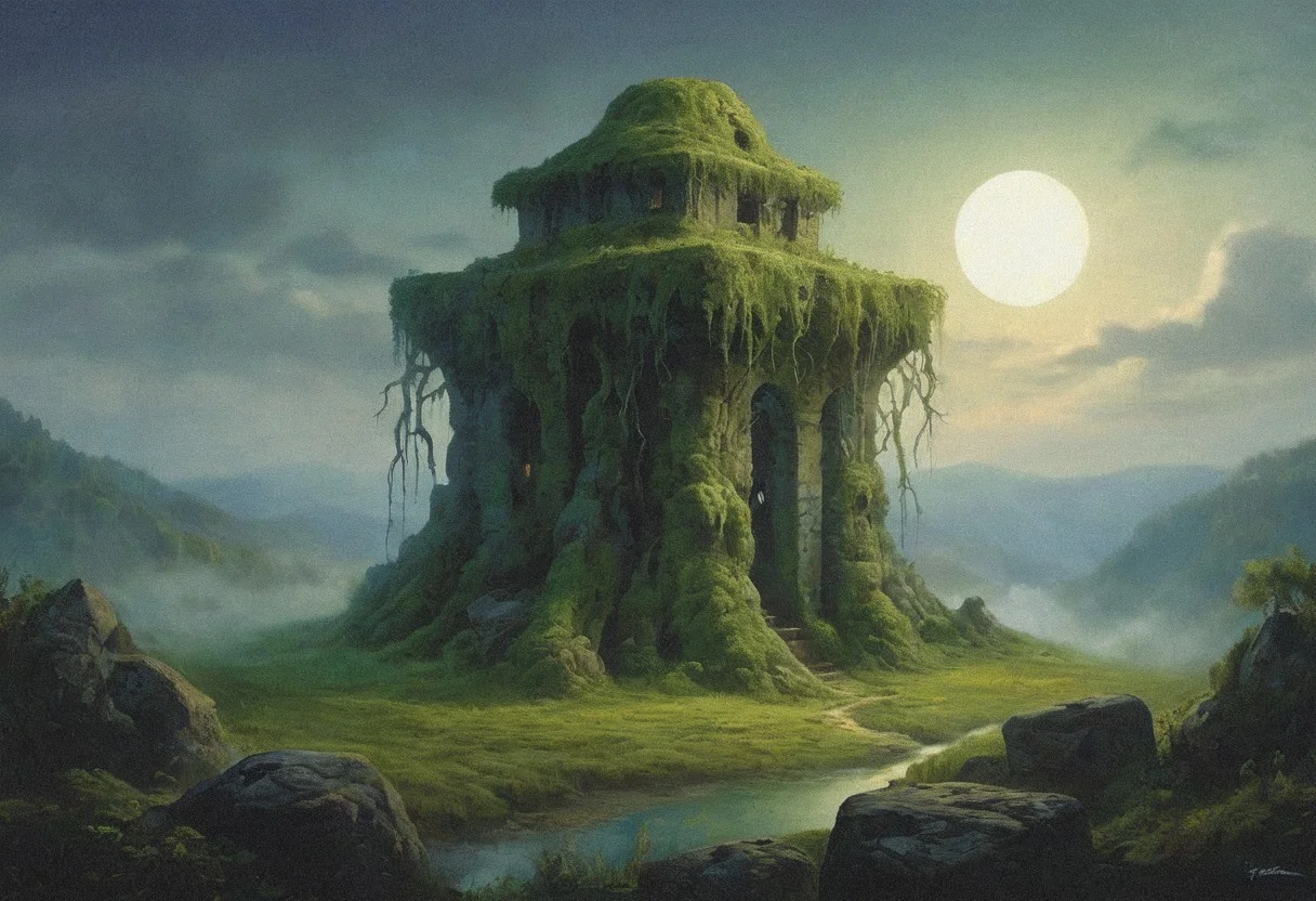 Under the pallid light of a gibbous moon, the ancient forest stood deathly silent, its gnarled trees twisted into grotesque shapes that seemed to writhe in the shadows. The air was thick with a cloying mist that carried the faintest scent of decay, a whisper of something long forgotten and best left undisturbed.
At the heart of this eldritch wilderness, a cyclopean ruin loomed, its basalt stones slick with an unnatural slime that glowed faintly with a sickly green hue. The structure defied comprehension, its non-Euclidean geometry warping the mind and inducing a vertiginous nausea in those who dared to look upon it too closely.
(elemental:1.3),( stone:1.7),tentacle