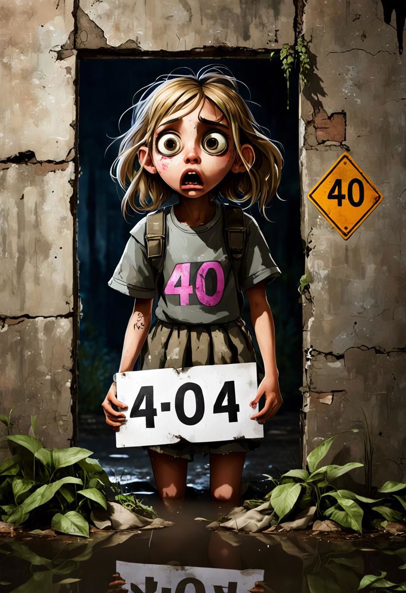 a photo of a terrified missing girl holding a 404 sign hiding behind a wall, 3/4 front view, survival, post-apocalyptic, cyberpunk, outdoors, ((night)), destruction, urban decay, reflective puddles masterpiece, overgrown city
