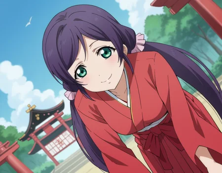 score_9, score_8_up, score_7_up, source_anime,
nozomitoujou, <lora:nozomi-toujou-ponyxl-lora-nochekaiser:1>
nozomi toujou, green eyes, purple hair, twintails, low twintails, scrunchie, long hair, smile,
hakama, hakama skirt, japanese clothes, miko, red hakama, long sleeves,
outdoors, shrine, bent over,
looking at viewer, cowboy shot, dutch angle,