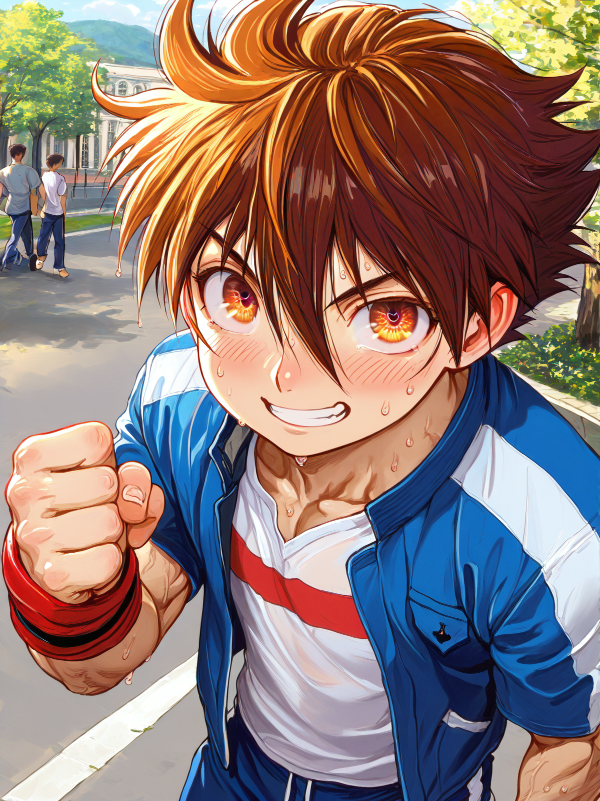 smile,happy, score_9, score_8_up,  score_8, score_7_up, BREAK
1boy,(muscular male:1.0),
 ((8k,best quality,masterpiece, ultra-detailed, amazing quality, very aesthetic, illustration, perfect composition, intricate details, absurdres, incredibly absurdres:1.2)),source_anime,deep skin, perfect face, perfect eyes,((extremely detailed eyes,extremely detailed face:1.6)),shiny skin, oiled skin,
,(sweat:1.0),
solo focus,pov,looking at viewer,
male focus,
standing,cowboy shot,looking at viewer,
in the park,
matsuena_shun,
 <lora:matsuena_shun_style_il:0.8>