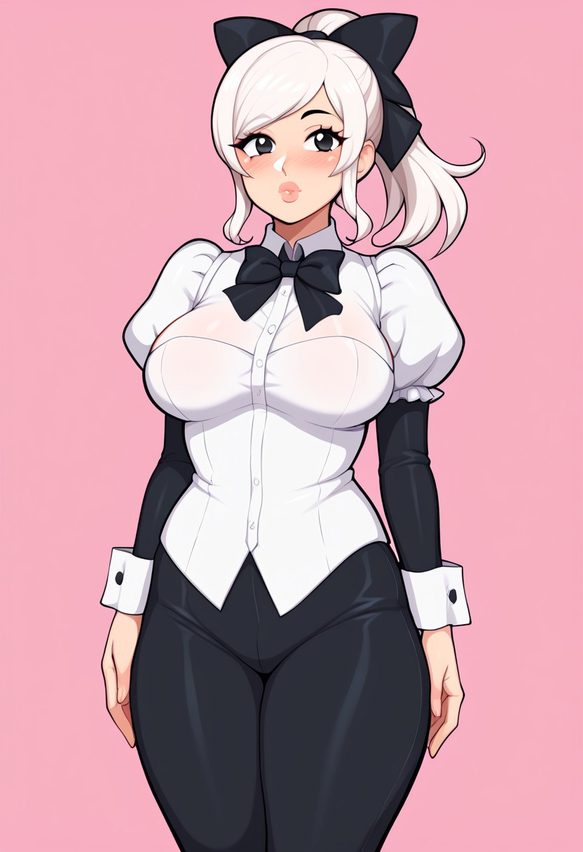score_9, score_8_up, score_7_up, score_6_up, score_5_up, score_4_up, source_cartoon, <lora:confetti-extract- ponyxl:0.85>, detailed eyes, easynegative, rating_explicit, Expressiveh, 1girl, solo,
Geraldine, shirt, long sleeves, white shirt, white hair, ponytail, sidelocks, thighs, hair bow, collared shirt, pants, puffy sleeves, bowtie, black eyes,  wrist cuffs, black bow, dress shirt, swept bangs, black pants,  high ponytail, juliet sleeves,  black bowtie,  sleeve cuffs, traditional bowtie, necktie, big breasts, blush, shy, lips, kinkymation