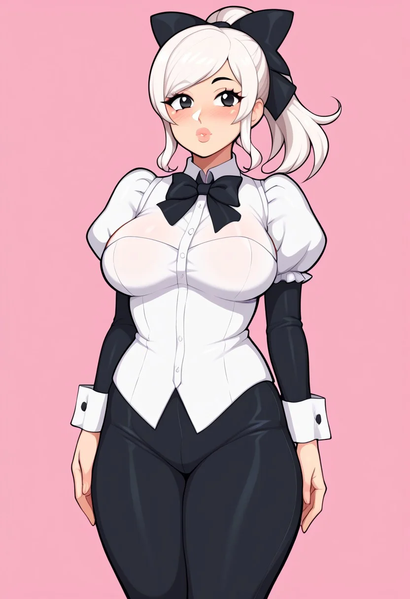 score_9, score_8_up, score_7_up, score_6_up, score_5_up, score_4_up, source_cartoon, <lora:confetti-extract- ponyxl:0.85>, detailed eyes, easynegative, rating_explicit, Expressiveh, 1girl, solo,
Geraldine, shirt, long sleeves, white shirt, white hair, ponytail, sidelocks, thighs, hair bow, collared shirt, pants, puffy sleeves, bowtie, black eyes,  wrist cuffs, black bow, dress shirt, swept bangs, black pants,  high ponytail, juliet sleeves,  black bowtie,  sleeve cuffs, traditional bowtie, necktie, big breasts, blush, shy, lips, kinkymation