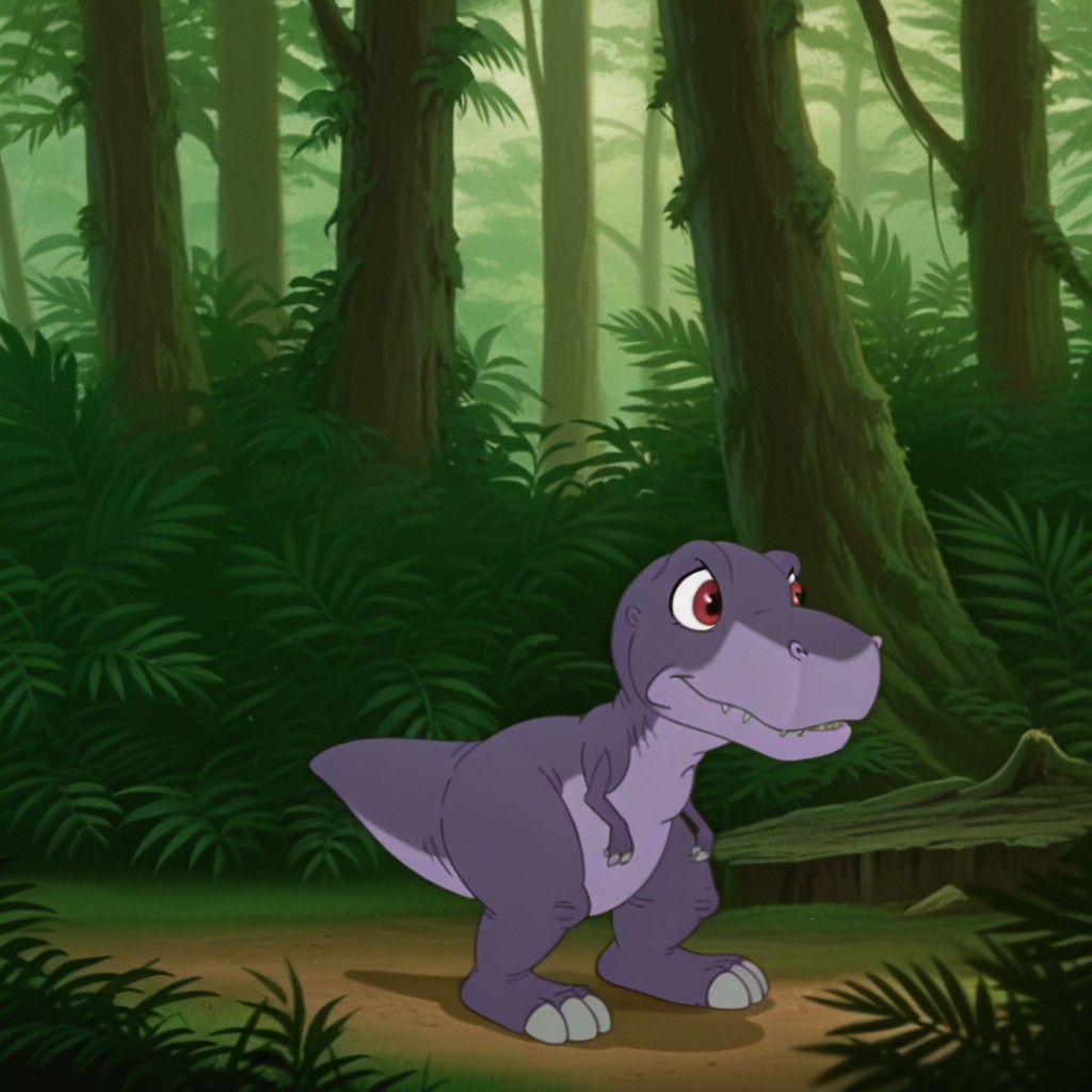 masterpiece, best quality, amazing quality, Chomperpurple, feral, male, Tyrannosaurus, purple skin, red eyes, forest, standing, solo, <lora:dd75427d-1b92-48b0-8405-f58a6b06dafe:1.0>