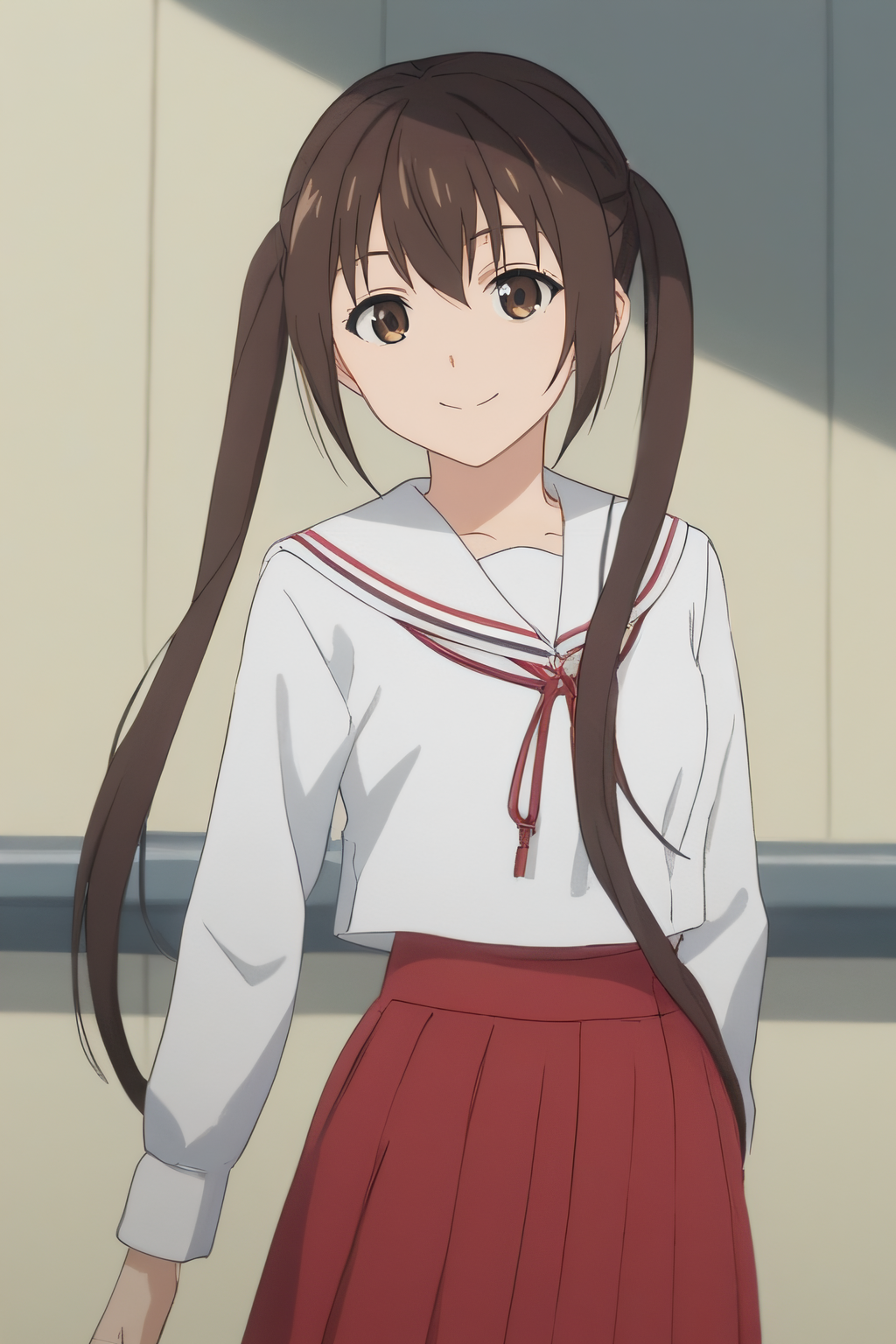 score_9, score_8_up, score_7_up, source_anime, rating_safe, intricate details, anime screencap, official style, 1girl, <lora:Minami_Kana:1>, kana, brown eyes, brown hair, long twintails, school uniform, white shirt, serafuku, red skirt, long sleeves, cowboy shot, looking at viewer, smile, standing, outdoor