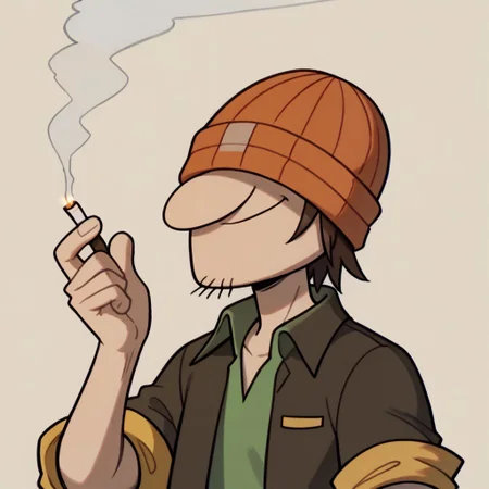 score_9, score_8_up, score_7_up BREAK WadeKB, 1boy, brown hair, orange beanie, no eyes, eyeless, open yellow-collared short-sleeved brown jacket, yellow rolled-up short sleeve, green undershirt, cowboy shot, happy, smoking marijuana,