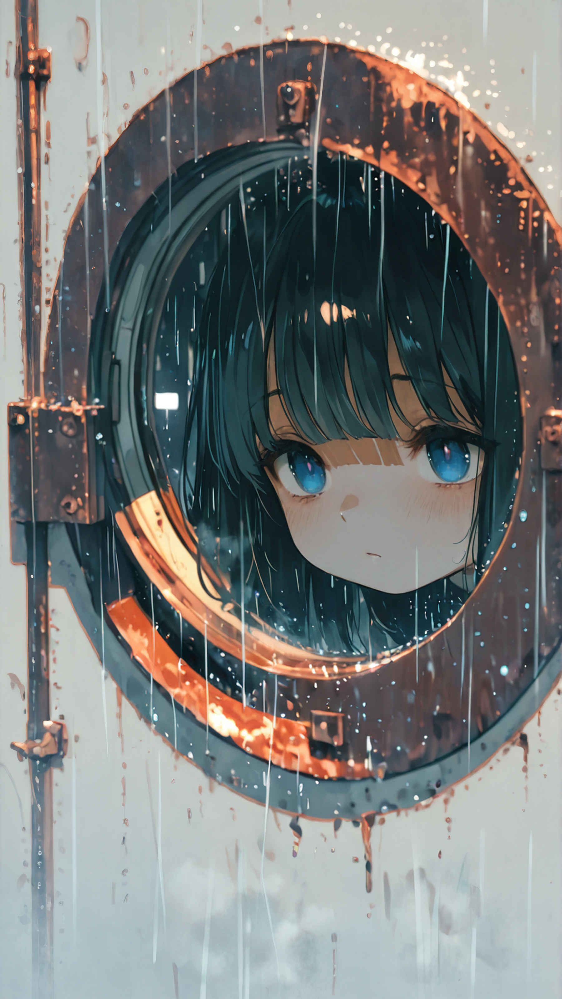masterpiece, newest,absurdres,incredibly absurdres, best quality, amazing quality, very aesthetic, simple white background,
1girl,black hair,, looking outside, Porthole, curious, fog, rain, rusty metal wall, porthole window, blue eyes, flipped bangs, 
  <lora:bW9tb3dhYWFp-illustriousXL_v01_V1-CAME:1> bW9t