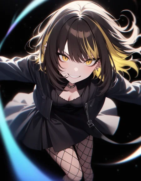 l_ikaruga, 1girl, solo, black nails, grin, smile, dress, medium hair, multicolored hair, blonde hair, nail polish, breasts, ear piercing, piercing, earrings, looking at viewer, black dress, pantyhose, fishnet pantyhose, jewelry, bangs, black hair, long sleeves, cleavage, jacket, yellow eyes, brown hair, colored inner hair, power wave, blurry foreground, black background, floating hair, tyndall effect, gad ray, light particle
masterpiece, best quality, very aesthetic, absurdres
<lora:a31_l_ikarugaXL:1>