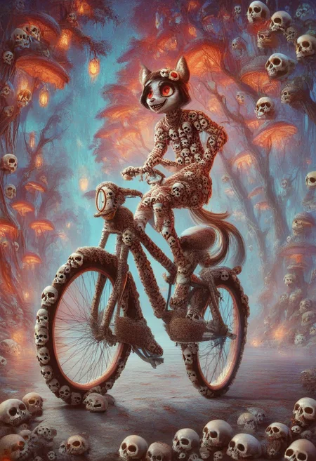 score_9, score_8_up, score_7_up, score_6_up, score_5_up, score_4_up, A playful, anthropomorphic coffee cup made with skulls with big eyes and a grin, riding a bicycle on a path lined with donuts, illustration in the style of BRSH