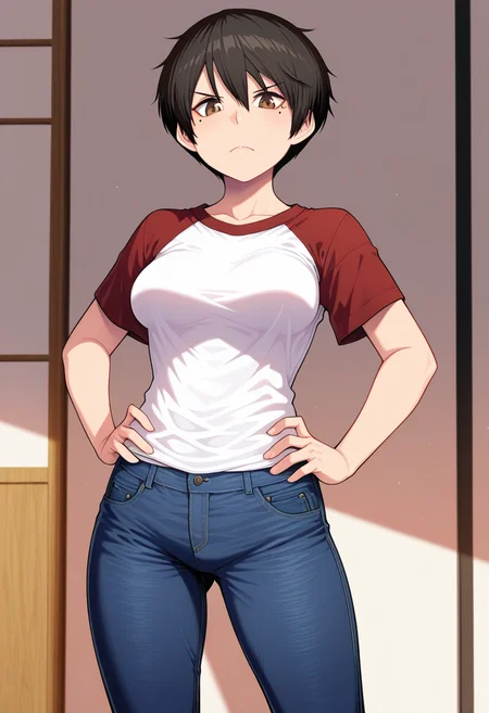 masterpiece, best quality, amazing quality, 1girl, solo, fumikoww, tomboy, brown eyes, black hair, short hair, mole under eye, medium breasts, t-shirt, jeans, <lora:Fujishiro_Fumiko_Killer_Queen_ill:0.9>, standing, frown, looking at viewer, hands on hips, skindentation, detailed clothing folds, depth of field, sharp, high contrast, dynamic light