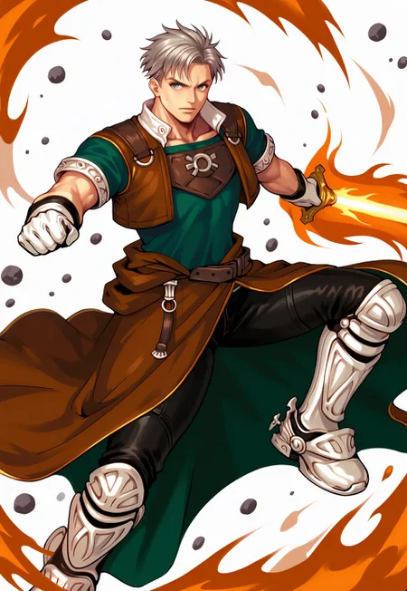 score_9, score_8_up, score_7_up, natgra2, gray eyes, short hair, silver hair, steel greaves,brown skirt, black pants, green shirt, brown leather vest, silver belts, action pose, white gloves, silver chest plate, spooky background, catacombs, catacombs background, fire sword,  burning sword