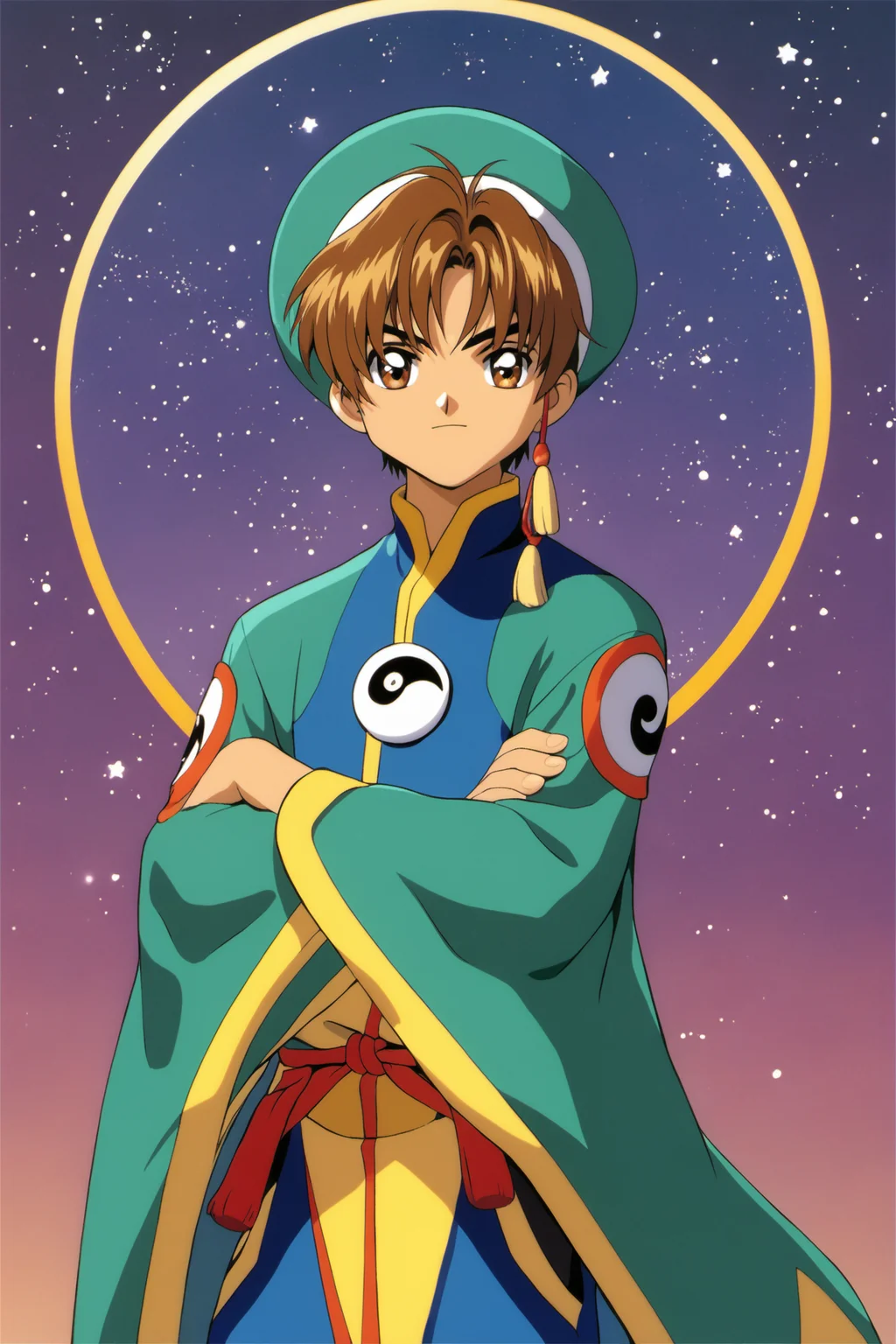 Li Syaoran,1990s (style),star (symbol),retro artstyle,hat,1boy,long sleeves,looking at viewer,male child,solo,wide sleeves,male focus,brown hair,green headwear,standing,brown eyes,yin yang,bangs,short hair,sword,closed mouth,starry background,tassel,star (sky),weapon,hands in opposite sleeves,cowboy shot,sky,crossed arms,score_9,score_8_up,<lora:Card Captor Sakura Anime_XL_PONY:0.9>,