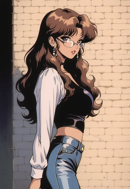 score_9, score_8_up, score_7_up, score_6_up, score_5_up, score_4_up, BREAK sourse_anime, retro anime style, detailed retro anime, 90's anime style, 1990s \(style\), Vintage, dreamy psychedelic anime, high quality, best quality, anatomically correct, masterpiece, BREAK 1girl, solo, from side, view from the back, BREAK brown hair, long flowing hair, glasses, beautiful teenage girl, BREAK red tube top, tight flared denim jeans, BREAK busy city street, brick wall with graffiti, cowboy shot, s1n0p0p