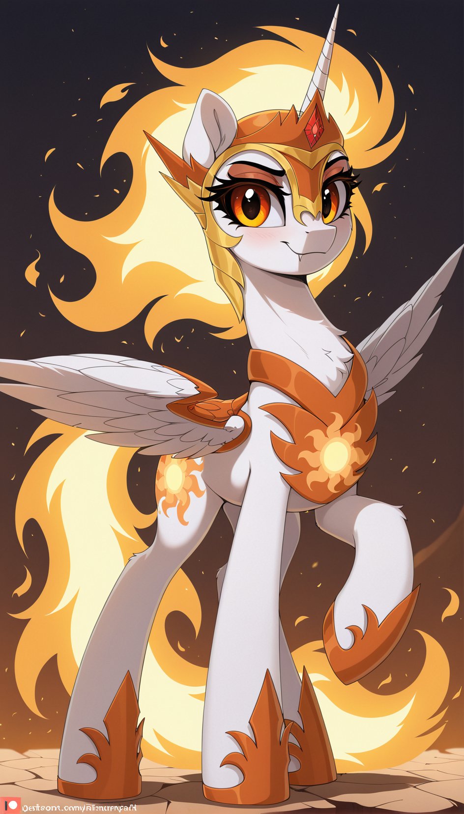 resolution , masterpiece, , high resolution,,my little pony, friendship is magic resolution , masterpiece, , high resolution, solo, wild, pony  spring,   one on the left and one on the right,   ADDCOMM
Female Daybreaker,  long body, white body, bright orange eyes with dark eyelashes, fiery mane and tail, wings decorated with white feathers with gold and orange inserts, golden headdress, crown with a red stone in the middle, golden jewelry, armor with the image of the sun.  <lora:Daybreaker:1.0>
