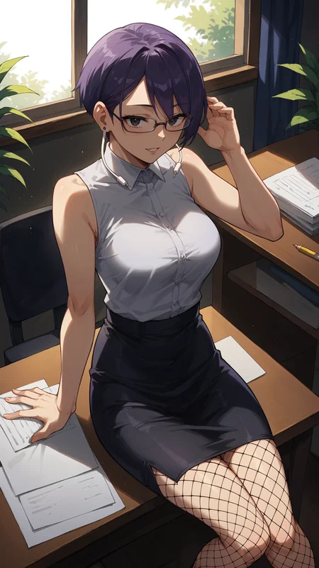 score_9,score_8_up,score_7_up,score_6_up, <lora:xl_more_art-full_v1:0.5>, source_anime, woman, dynamic pose, knees to chest, <lora:Mika Jiro - Pony:0.8>, short hair, dark purple hair, black eyes, earlobes, earphone plugs, glasses, grey shirt, high collar, sleeveless, black skirt, pencil skirt, fishnet pantyhose, office, large window, light rays,